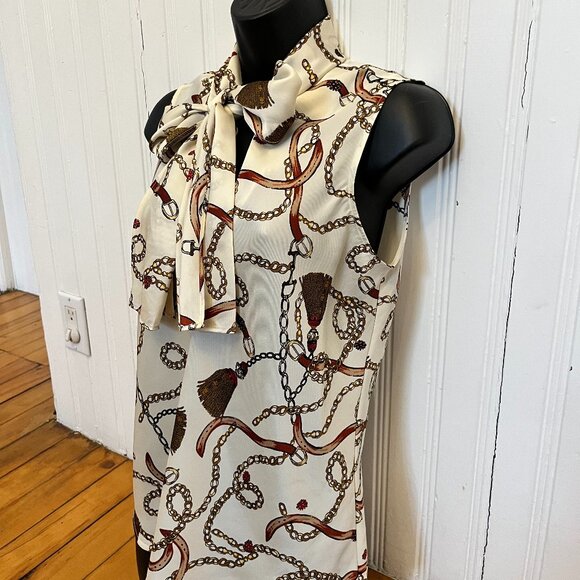 Bar III Sleeveless Equestrian Print Bow Neck Blouse, Size Medium - Picture 2 of 9